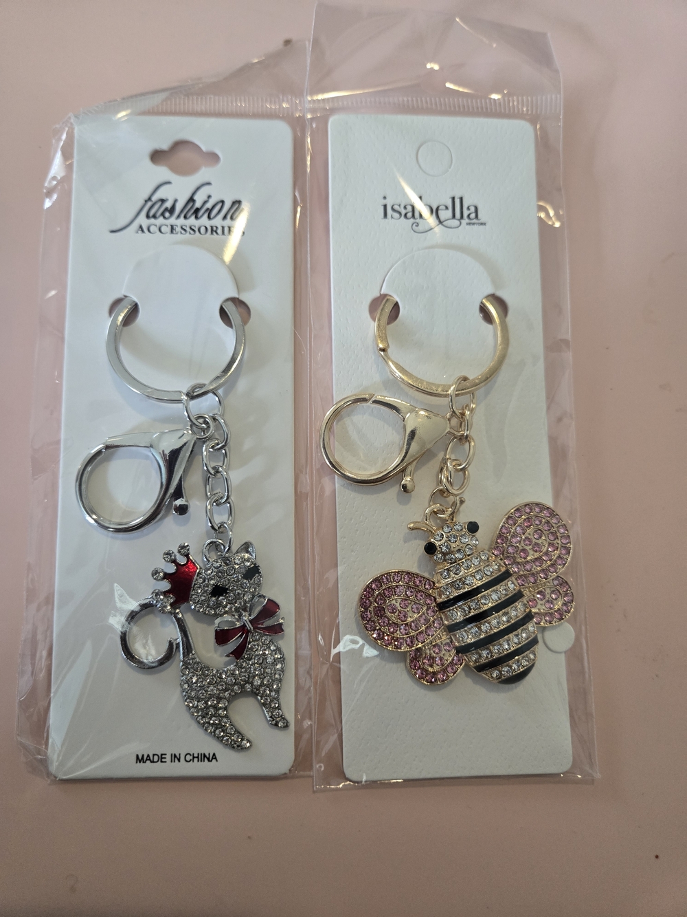 Fashion Jewelry Pink and Gold Bee & Silver Dog Crystal Keychains Set
